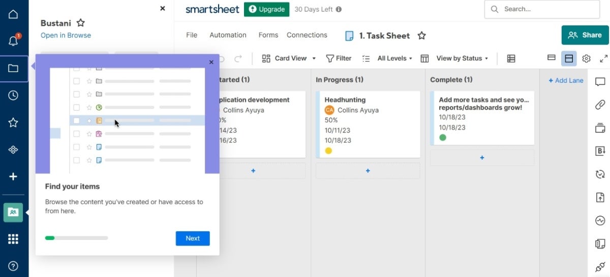 Card view, one of the multiple views in Smartsheet.