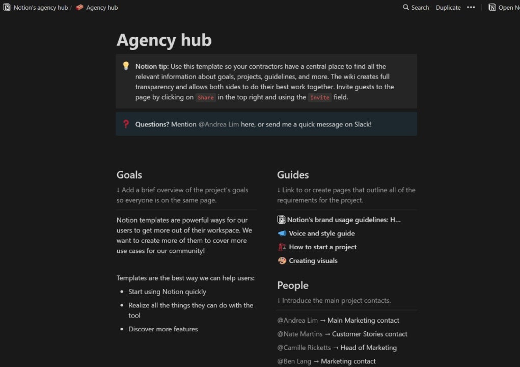 A template of an agency hub in Notion.