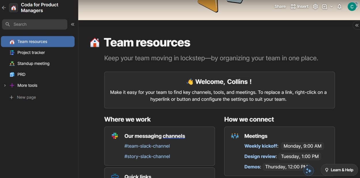 Team resources tab in Coda.
