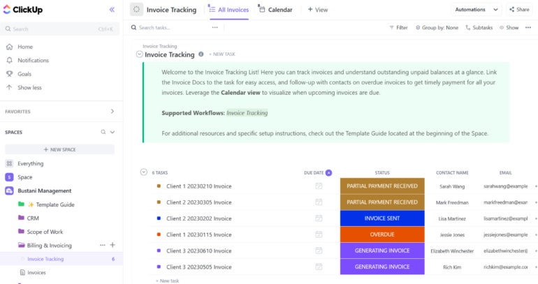 List view of an invoice tracking template in ClickUp