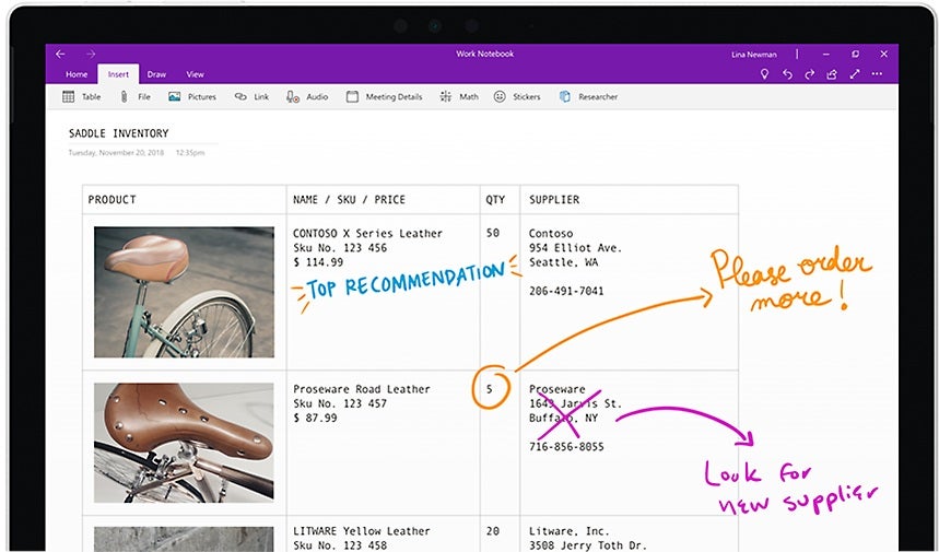Microsoft OneNote work notebook showing a saddle inventory plan sketch.