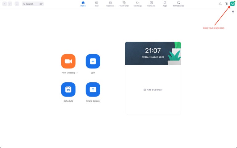 Screenshot on the Zoom home page, with highlight on the profile icon on the upper right corner.