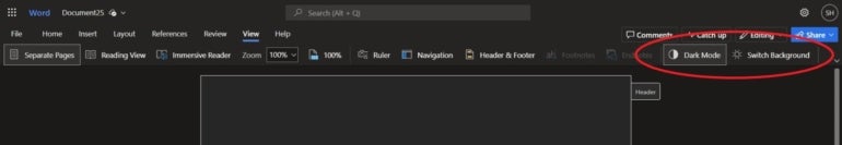 Microsoft 365 interface with Dark Mode / Switch Background settings on highlight.
