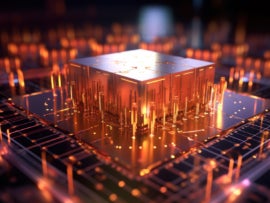 AI-generated concept image of a quantum processor integrated onto a computer circuit.