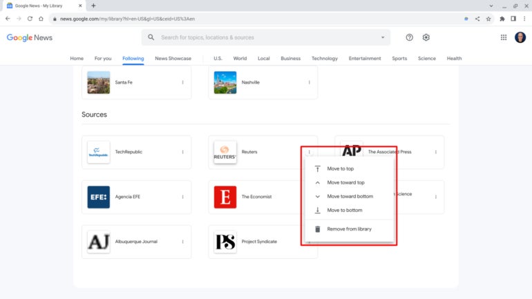 Sources tab on Google News with management options menu on highlight.