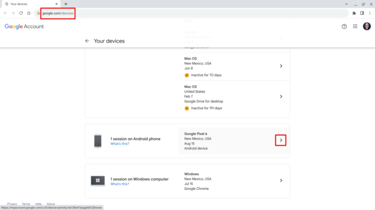 Your devices page from Google Account, with the address bar and a Next arrow button on highlight.