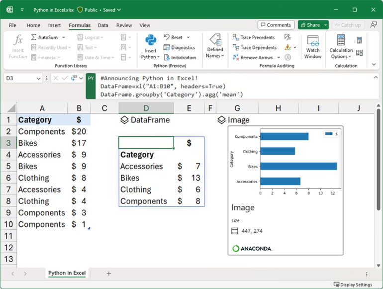A screenshot of Python calculation in a Microsoft Excel cell.