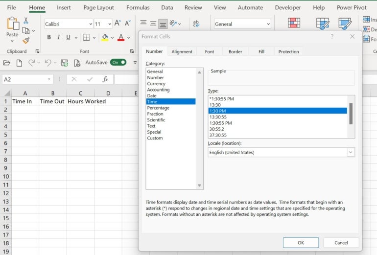 Screen capture of the Format Cells popup menu in Microsoft Excel, with Time option on highlight.