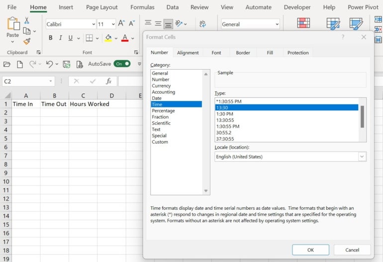 Screen capture of the Format Cells popup menu in Microsoft Excel, with time format selected on highlight.