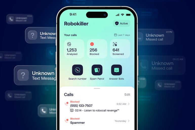 The RoboKiller app interface is shown on the mobile phone display.