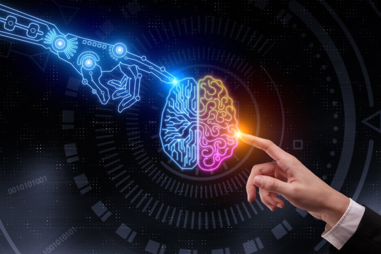 An AI hand and a human hand touching a brain.