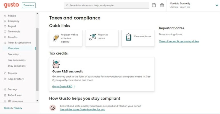 Tax dashboard in Gusto.