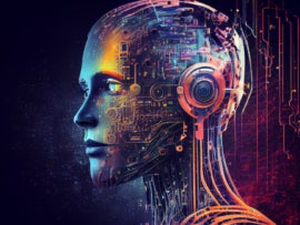 A colorful robot head representing generative AI.
