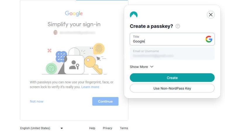 Google sign in with NordPass passkey creation popup activated.