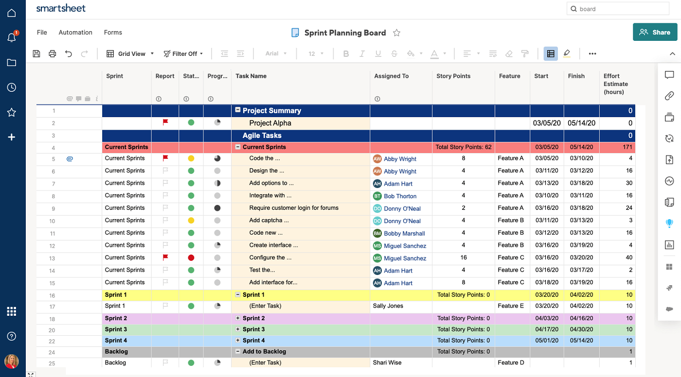 Smartsheet’s main view is a spreadsheet-style grid.