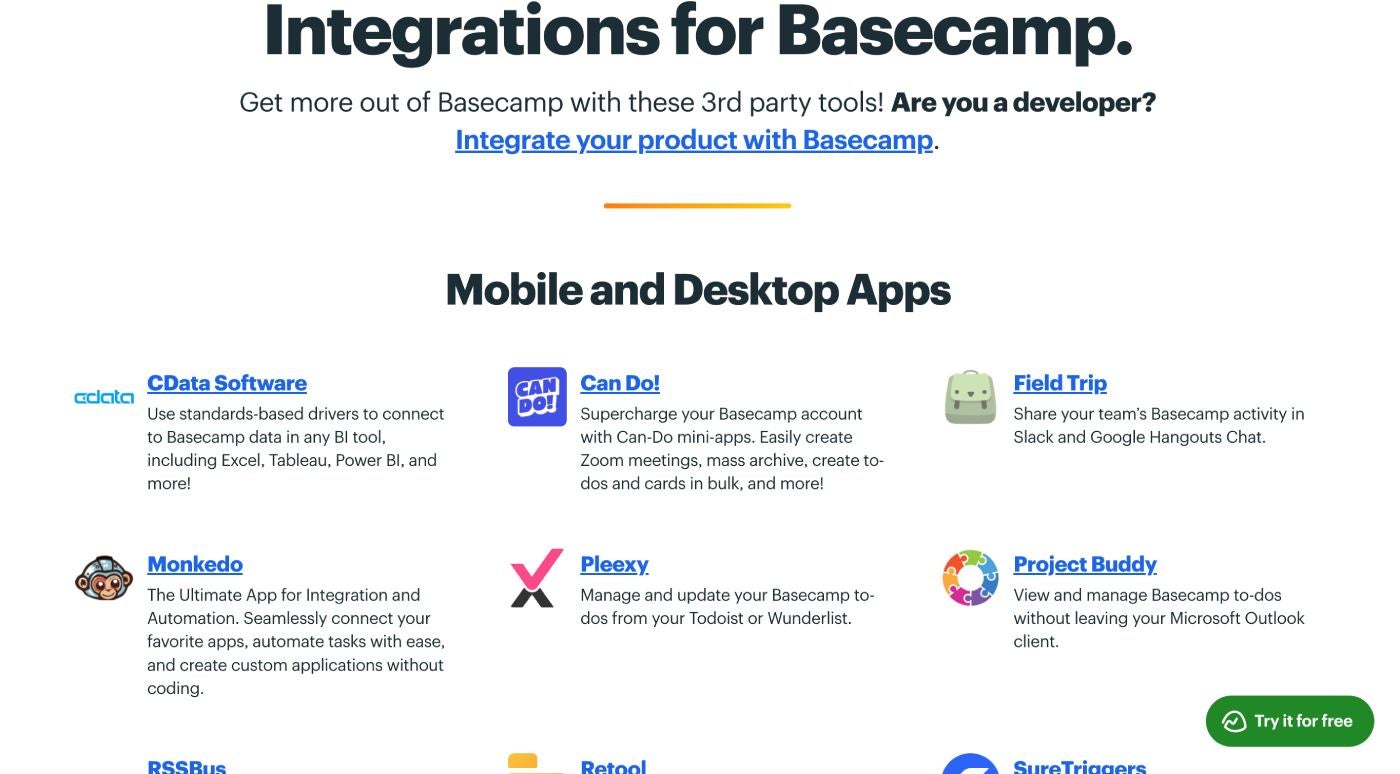 Basecamp integration page screenshot.