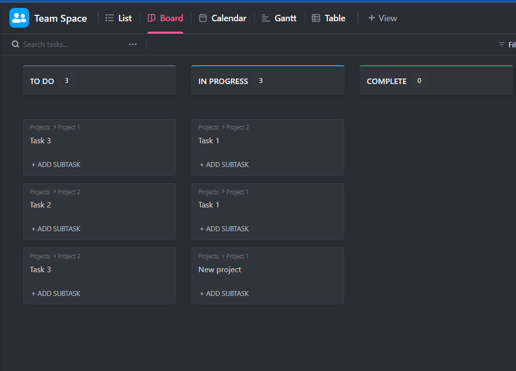 ClickUp dashboard.