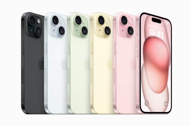 The iPhone 15 comes in new colors: pink, yellow, green, blue and black.