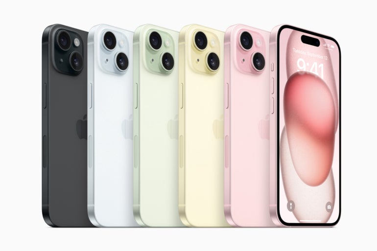 Apple iPhone 15 and iPhone 15 Plus models are available in five colors: black, blue, green, yellow and pink.