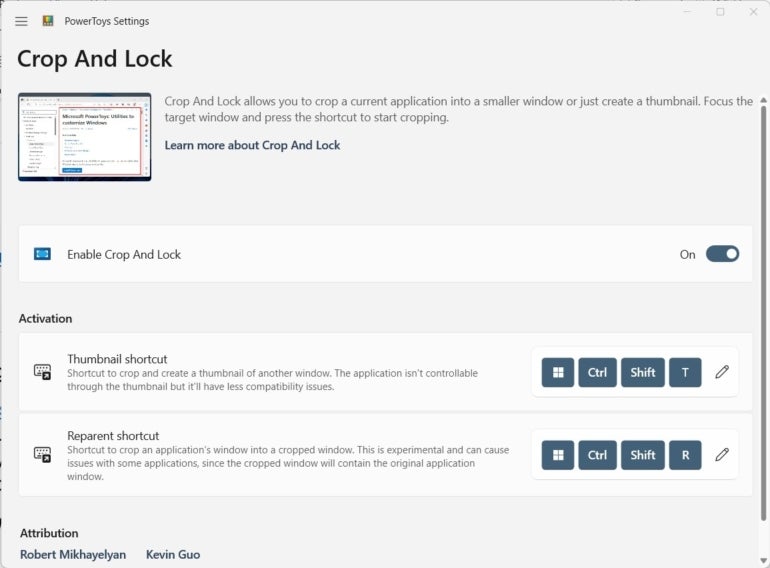 The Crop And Lock settings page in Microsoft PowerToys.