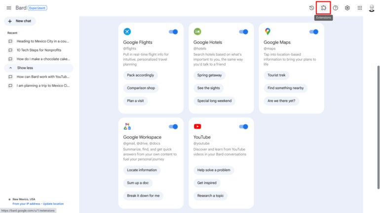 Select the extensions icon (upper right, when available) to select and enable Bard to access data from Google services such as Google Flights, Hotels, Maps, Workspace or YouTube.