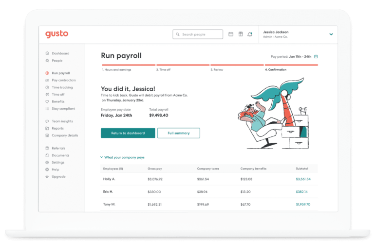 A screenshot of Gusto payroll software Run Payroll dashboard.
