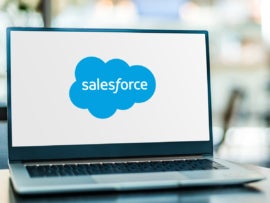 Laptop computer displaying logo of Salesforce.