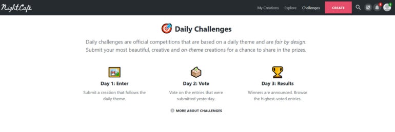 Screencapture of NightCafe Daily Challenges feature.