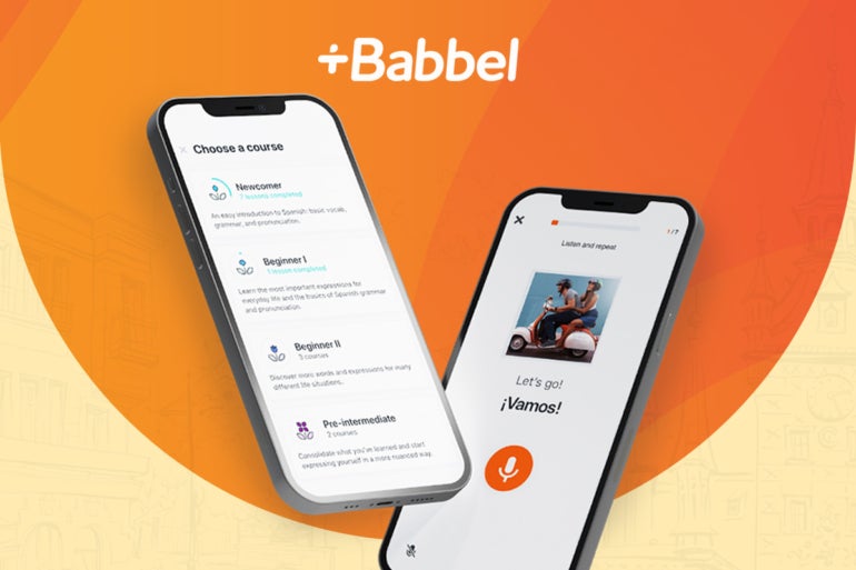 Promotional graphic for Babbel featuring mobile phones with Babbel app interface on display.