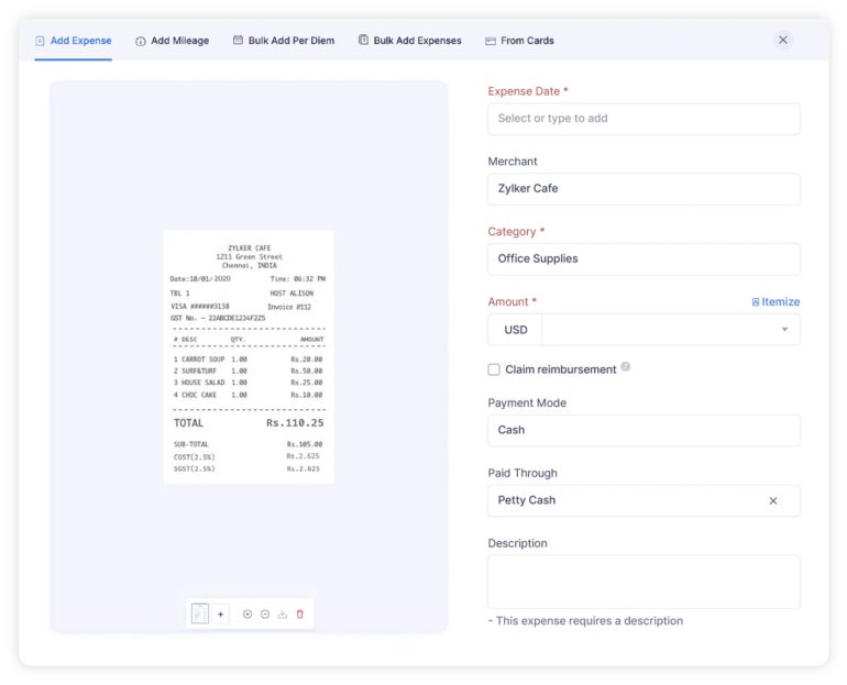 Add Expense interface in Zoho Expense.