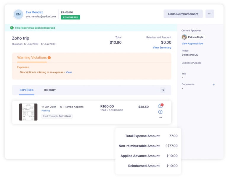 Submitting expense reports for reimbursement in Zoho Expense.
