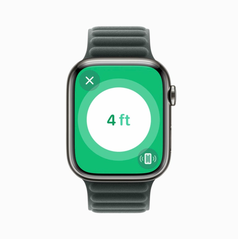 An Apple Watch with the precision finding feature on the display.