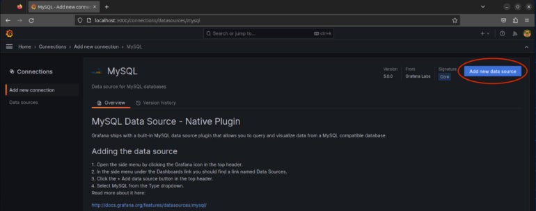 Prelude to adding a new MySQL connection, with Add new data source button on highlight.