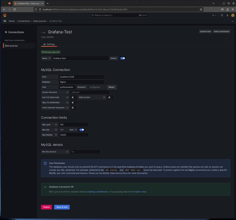 The completed connection setup in Grafana.