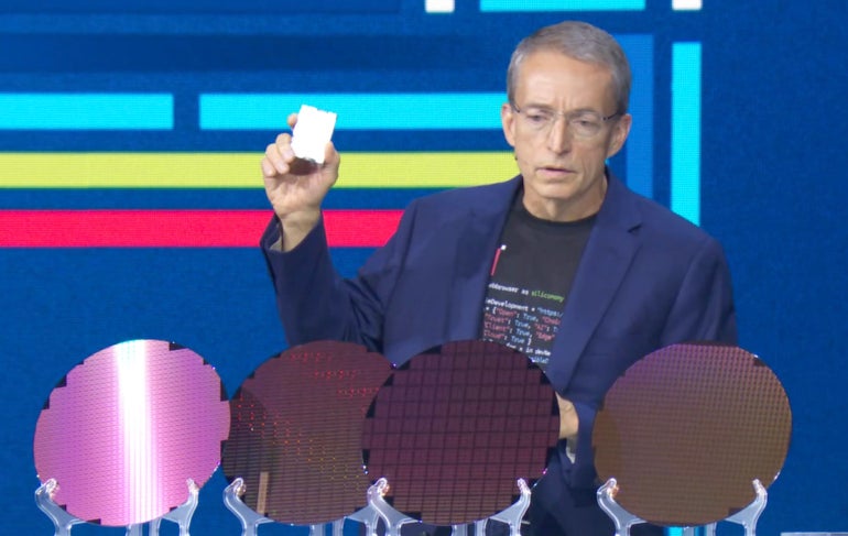 Intel CEO Pat Gelsinger holds up an example of the 5th Gen Xeon processor family known by the code name Emerald Rapids at Intel Innovation 2023.