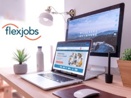 Promotional image for FlexJobs, laptop and desktop monitor on a worktable.