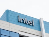 Close up of Intel sign on the building at its headquarters in Santa Clara, California, USA.