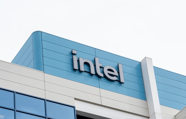 Close up of Intel sign on the building at its headquarters in Santa Clara, California, USA.