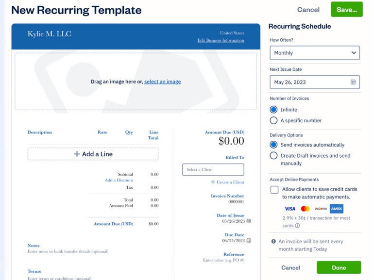Freshbooks' invoicing tool interface.