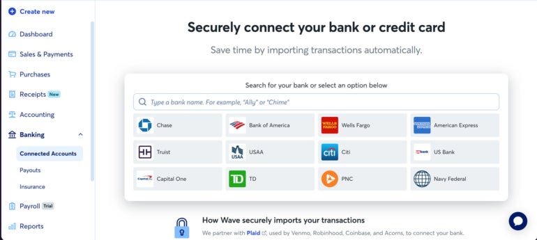 Wave Accounting's connected banking accounts interface.