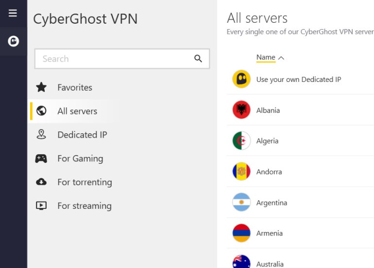 Screencapture of CyberGhost VPN showing CyberGhost specialized servers.