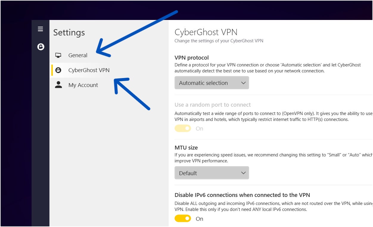 CyberGhost Settings page tabs.