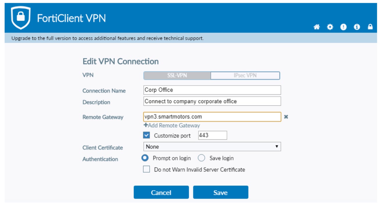 Editing VPN settings within FortiClient.