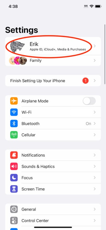 Once iPhone setup completes on the second iPhone, you can confirm your Apple ID is associated with the handset by viewing the Apple ID displayed at the top of the screen.