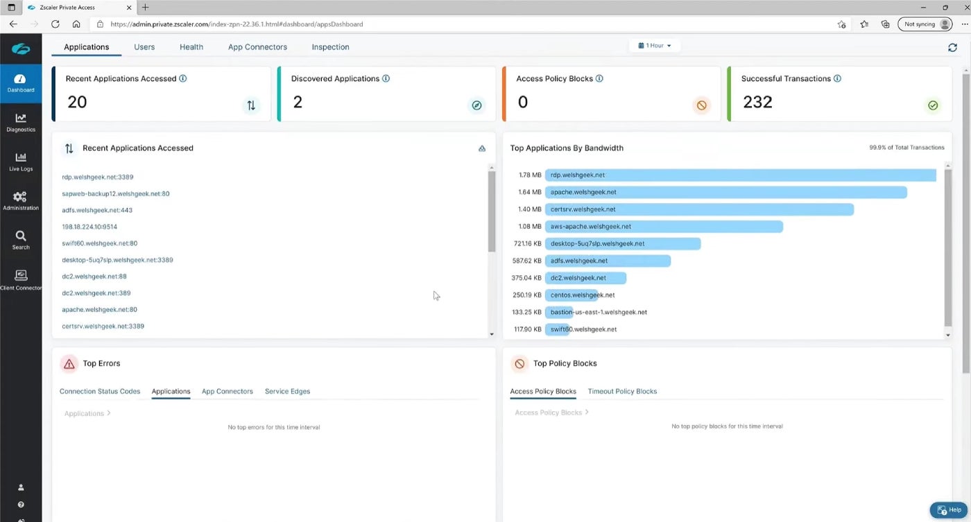 Zscaler Private Access primary dashboard.