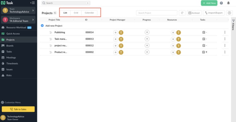 nTask’s list, grid and calendar view in project dashboard.