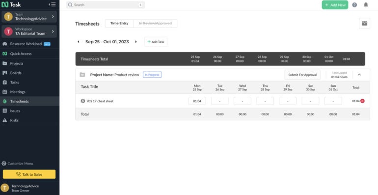 nTask timesheet.