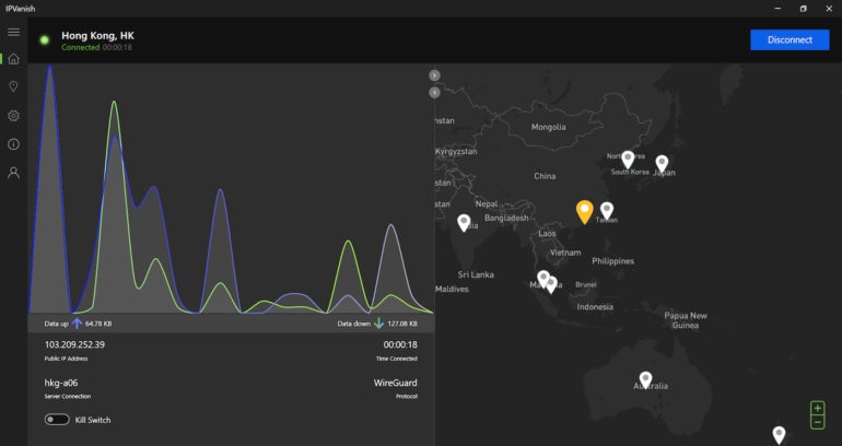 IPVanish VPN’s main Windows dashboard.