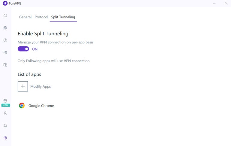 Split tunneling in PureVPN.