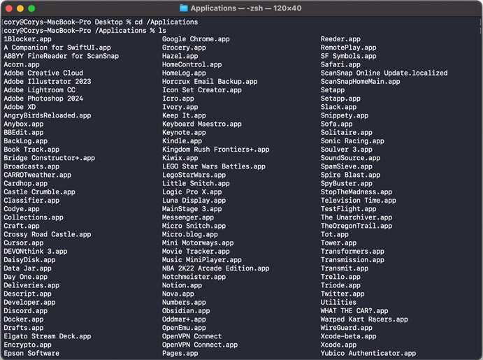 The ls terminal command prompt in Mac.